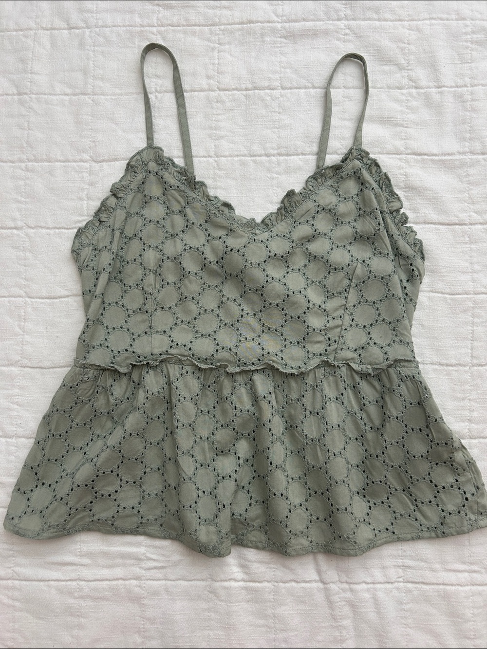 Delicate Sage Eyelet Peplum Camisole with Adjustable Straps